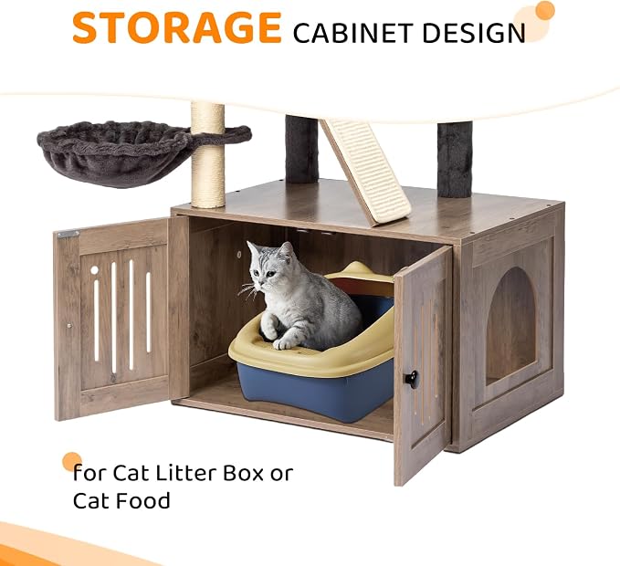 VINGLI Cat Tree Tower with Litter Box, 54" H All-in-1 Wooden Cats Condo, Cat Tower wih Scratching Posts, Houses for Indoor Kittens Hidden Cat Washroom Furniture (Gray & Wood, 54" H)