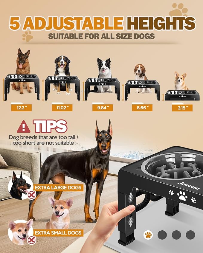 Jovrun Elevated Dog Bowls for Medium Large Dogs with Mat, Non-Slip Dog Feeder with 1*Stainless Steel Dishes & 1*Slow Feeder Bowl, 5 Heights Adjustable Raised Bowls for 3.15″-8.66″-9.84″-11.02″-12.2″