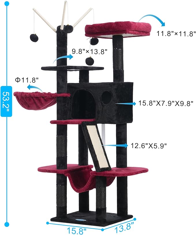 Hey-brother Cat Tree Tower with Padded Platform Bed, Hammock, MPJ019-SBR | 53 Inches Cat House with Large Cozy Condo, Toy Balls and Sisal Scratching Posts for Indoor Multi-Cats, Black and Red