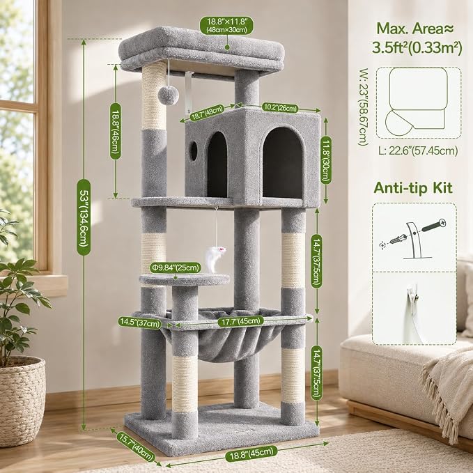 Globlazer Cat Tree Tower with Scratching Post for Indoor Cats, 53inch Tall Plush Multi-Level Cat Climbing Tower Condo House with Large Hammock, Spacious Cat Cave, Padded Top Perch Bed, F53, Light Gray