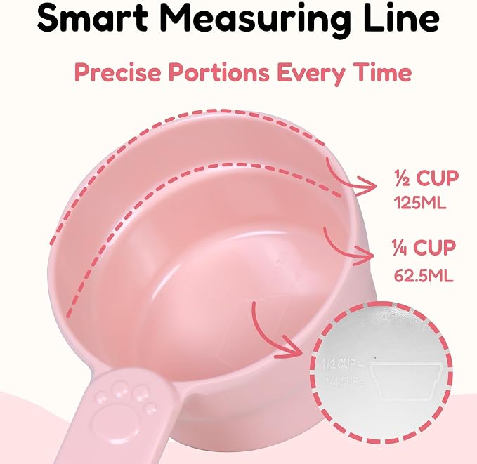 1/2 Cup Dog Food Scoop, Extra Long Handle Sturdy Melamine Pet Food Measuring Scoop with Clear Marking Lines, BPA-Free, Shatterproof, Dishwasher Safe (Pink, 1/2 Cup)