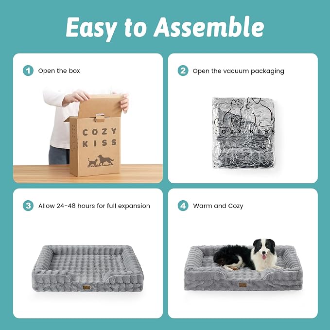 COZY KISS Orthopedic Dog Bed for Extra Large Dog 44x32 inch, XL Faux Fur Pet Sofa, Bolster Foam Bed with Sides, Non-Slip and Egg-Crate Big Dog Couch Bed with Washable Removable Cover, Grey