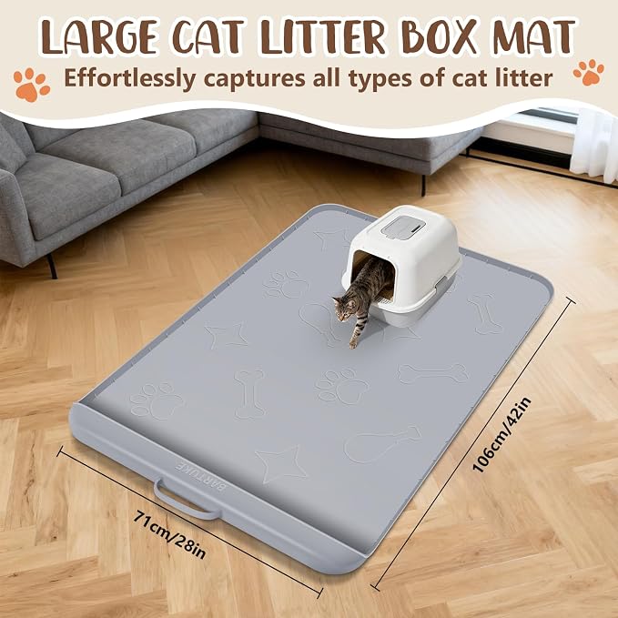 Cat Litter Mat for Litter Box 42" x 28", Large Silicone Mat, Light Grey | Waterproof Litter Trapping Mat with Residue Collection Pocket, Raised Edge, Non-Slip Pet Placemat for Floors