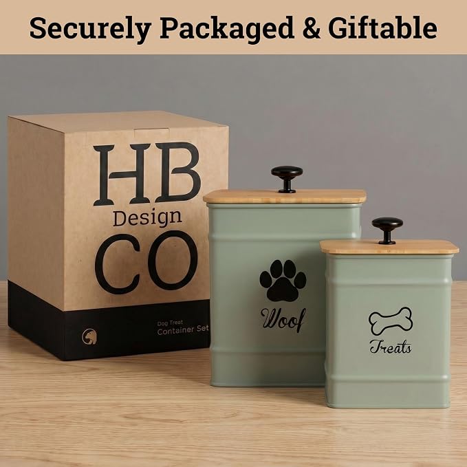 Dog Treat Container Set of 2 with Airtight Bamboo Lids - 8x6 & 7x5 inch | Fits All Popular Treats, Up to 20 Cups Combined Capacity, Airtight Bamboo Lid, Easy Open Lid, Dent-Resistant Durable Metal