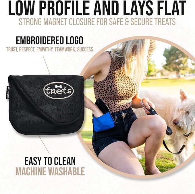 Dog Treat Pouch, Black Training Treat Pouch - Clip On Dog Treat Holder, Innovative No Spill Design, Magnetic Flap, Expandable Gusset, Made of Durable Nylon, Machine Washable