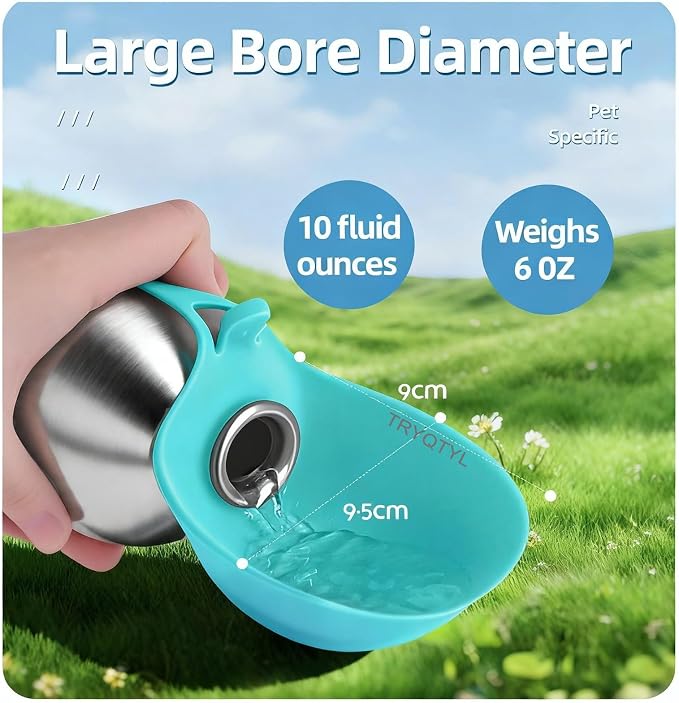 Dog Water Bottle, 10oz Stainless Steel Portable Dog Water Bottle with Foldable Silicone Bowl, 2-in-1 Portable Dog Water Bowl for Water & Food, Water Dispenser for Dogs Walking (Pink Printed)