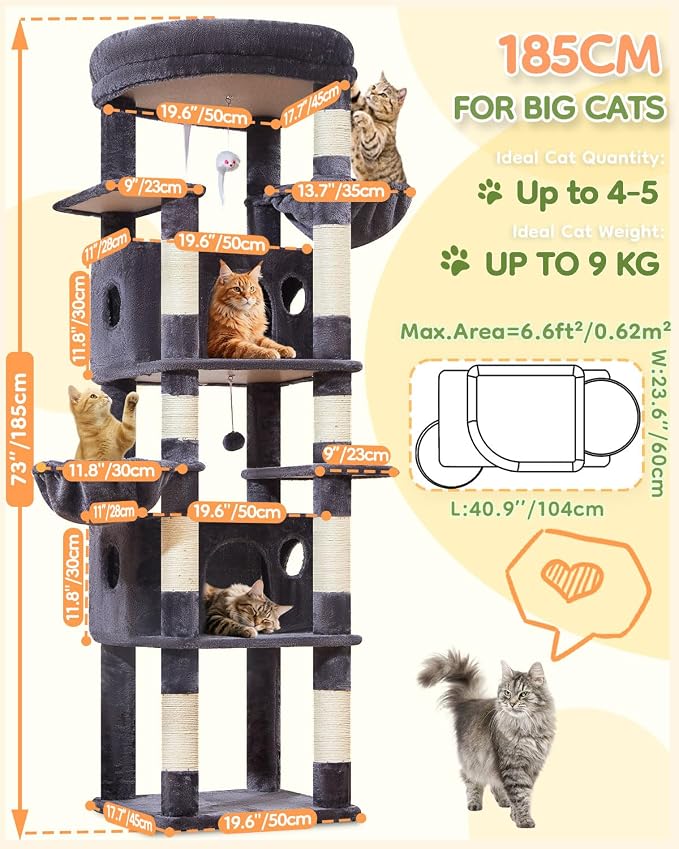 Taoqimiao Heavy Duty Cat Tree, 73In Sturdy Cat Tower for Large Cats 25lbs+ | 2 Widen Condos, Enlarged Sleeping Platform, 9 Scratching Posts, 2 Cozy Baskets, Cat Toys, Smoky Gray, F30G