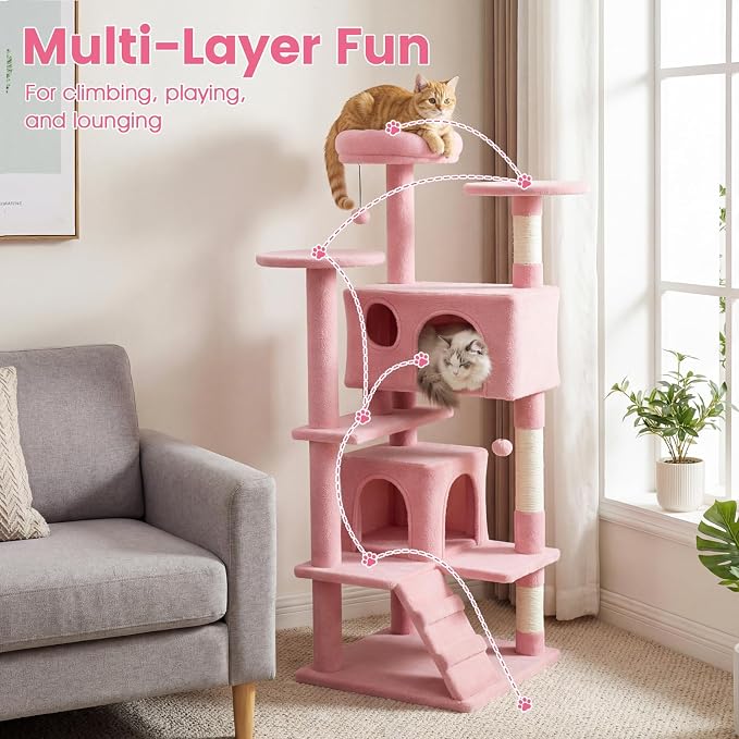 52-inch Cat Tree, Multi-Level Cat Tower with Sisal Scratching Posts, 2 Comfy Condos, Plush Padded Soft Top Perch, Dangling Balls, and Climbing Ladder, Ideal for Indoor Cats (Pink)