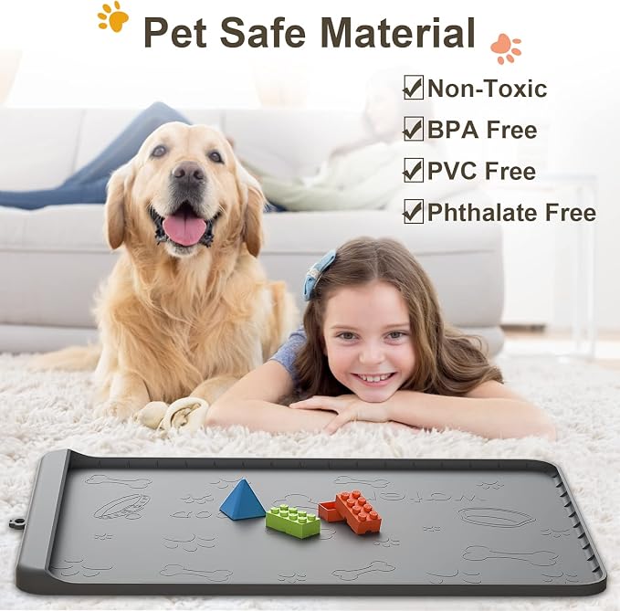 Dog Food Mat 36"x24" - Silicone Dog Mat for Food and Water Large Pet Feeding Mats with Residue Collection Pocket - Waterproof Dog Cat Bowl Mat with High Edges to Prevent Water Food Spills (Gray)