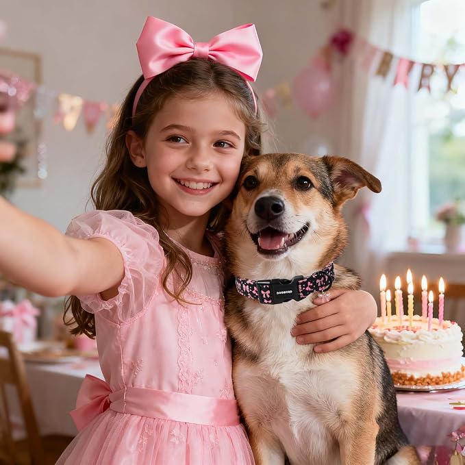 DOGWONG Pink Dog Collar, Comfortable Adjustable Black Pink Bow Girl Female Dog Collar with Plastic Buckle for Medium Lrage Dogs, Neck 39-60 inches