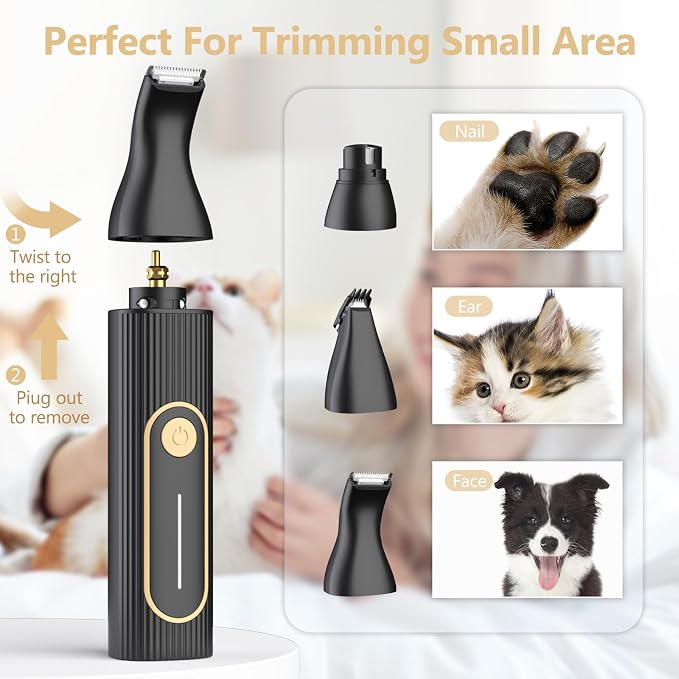 Dog Clippers Grooming Kit and Paw Trimmer for Heavy Thick Hair&Coats | 3-in-1 Clipper+Paw Trimmer+Nail Grinder, <60dB Quiet, Cordless,LED Display, 4 Guide Combs, Detachable Titanium-Ceramic Blade