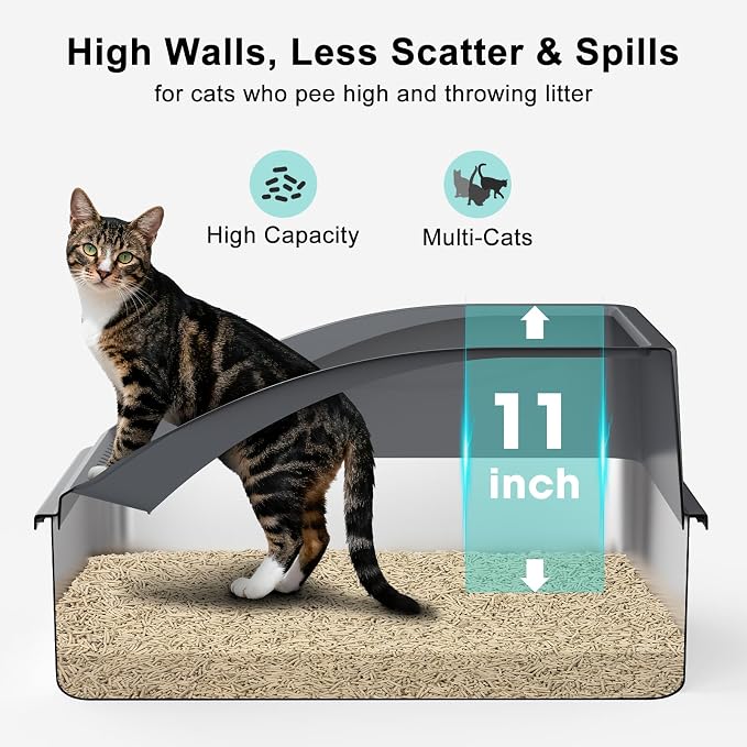 AIPERRO Stainless Steel Litter Box | XL Metal Cat Litter Boxs with Lid | High Sided Litter Box for Big Cats | Anti-Urine Leakage | Non-Stick, Easy to Clean & Odor‑Resistant with Cat Litter Scoop