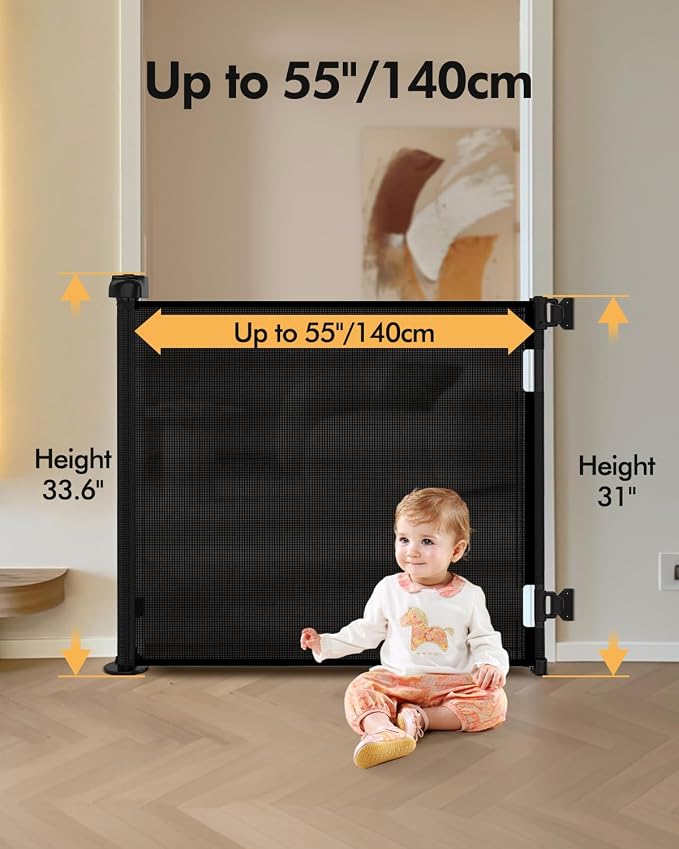 Retractable Baby Gate for Stairs & Doorways, 55" Wide x 33.6" Tall Easy Installation Mesh Dog Gate for Indoor & Outdoor Use,Pet and Dog Safety Gate for Hallways(Black)