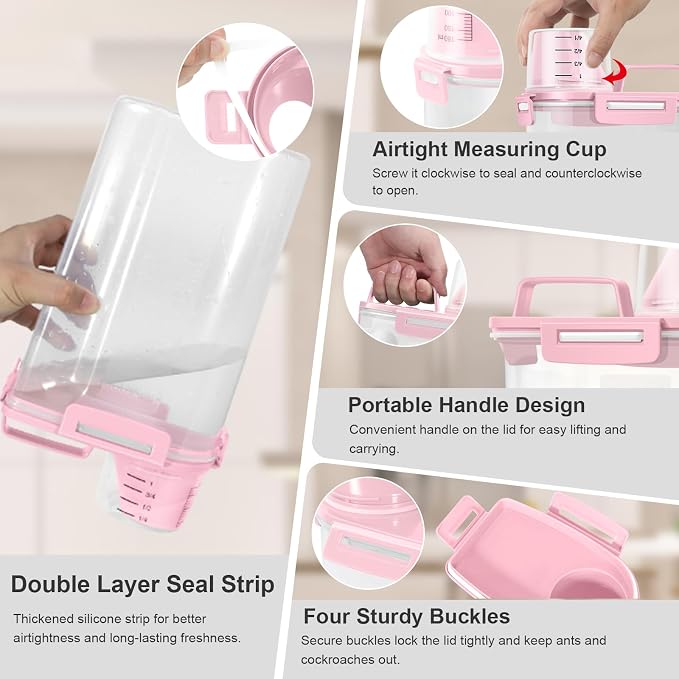 Dog Cat Food Storage Container with Cup (Pink, 2.5L (2 pack)) | Pet Food Pourable Container Airtight with Large Spout, BPA-Free Plastic Food Dispenser for Pet Food, Bird Seed, Rice, Flour