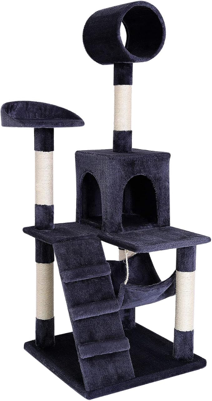 lionto Scratching Tree for Cats with Hammock & Tunnel, Height 52,4 in, cat Tree with sisal Rope & Soft Plush, Cozy Lying Areas & Caves, Suitable for Small & Large Cats, Dark Gray