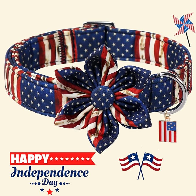 DOGWONG Ameirican Flag Dog Collar with Flower - Independence Flower Dog Collars, Adjustable Patriotic Pet Collars 4th of July Dog Collar for Small Medium Large Dogs