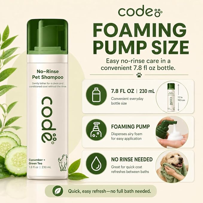 No-Rinse Pet Shampoo Foam, Waterless Dog Shampoo with Oatmeal, Aloe & Chamomile, Dog Shampoo Sensitive Skin, Hypoallergenic Dry Shampoo for Dogs, Cucumber Green Tea Scent, 7.8 fl oz