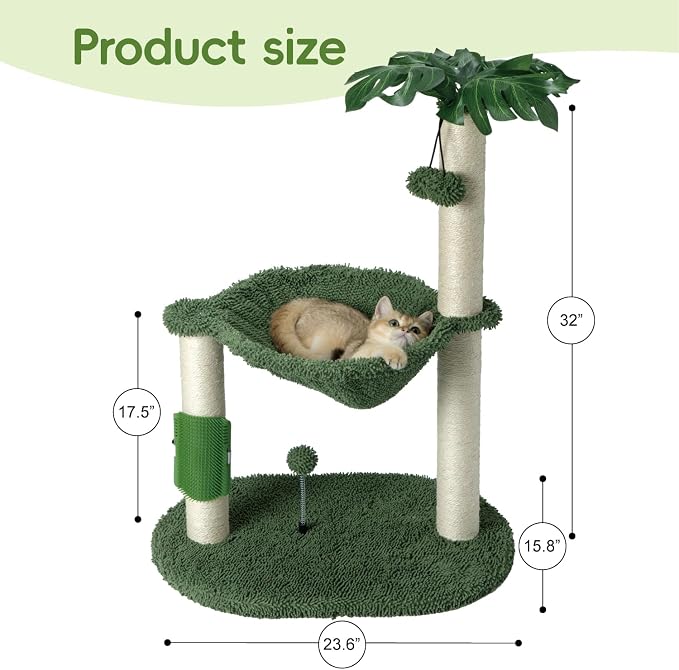 MECOOL Cat Tree Tower 32" Tall Scratching Post with Large Hammcok for Indoor Cats,Self-Massage Bursh Hanging Ball Toys,Monstera Deliciosa Green