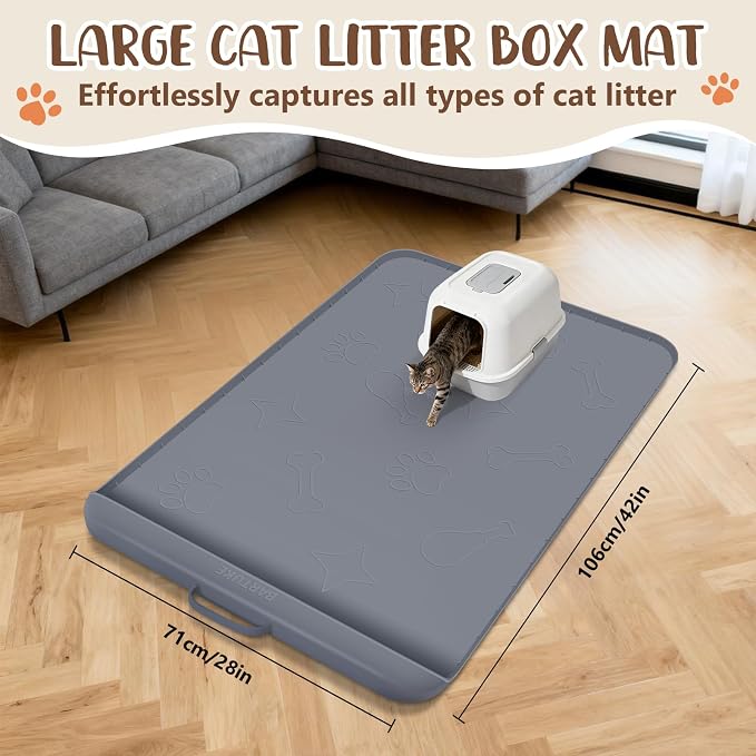 Cat Litter Mat for Litter Box 42" x 28", Large Silicone Mat, Dark Grey | Waterproof Litter Trapping Mat with Residue Collection Pocket, Raised Edge, Non-Slip Pet Placemat for Floors