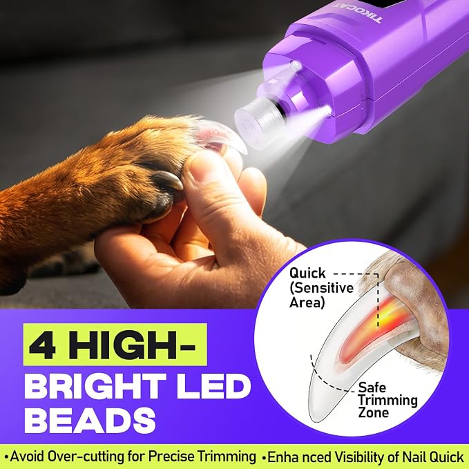 Whisper-Quiet Dog Nail Grinder, 50% More Powerful 6-Speed Pet Nail Trimmer with LED Display & 4 LED Lights, 3 Grinding Bits, No Over-Cutting, Stress-Free Grooming for Dogs, Cats & All Sensitive Pets