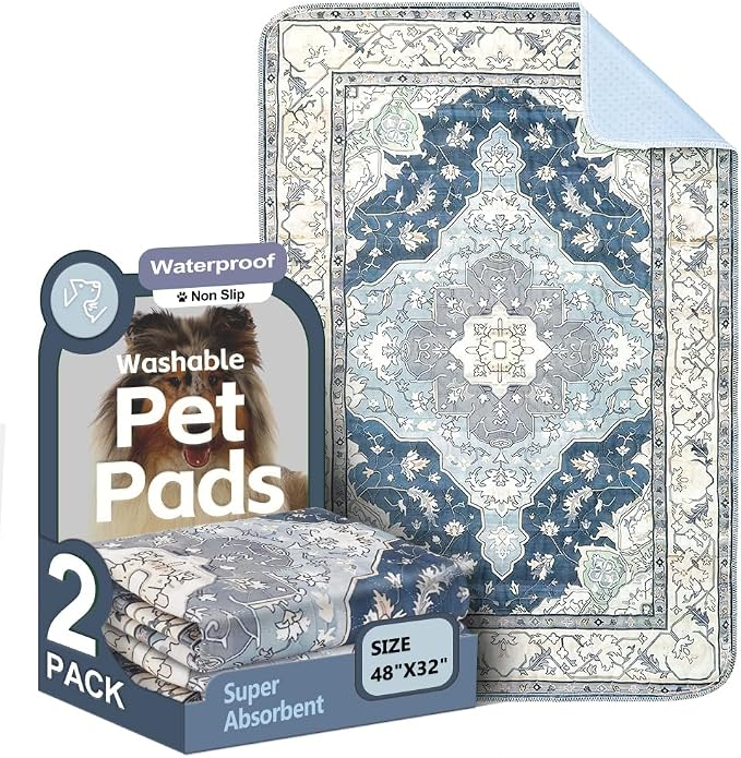 Washable Pee Pads for Dogs, 2 Pack Reusable Puppy Training Pads 48"x32" Super Absorbent Waterproof Dog Training Pads, Non-Slip Potty Pads, Whelping Pads Litter Mat Navy & Ecru