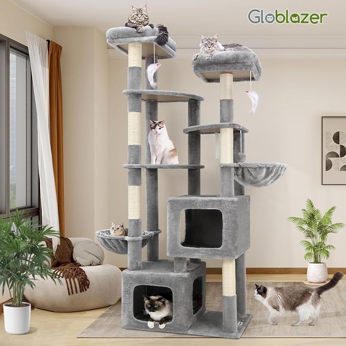 Globlazer S74E Pro Heavy Duty Maine Coon Cat Tree for Large Cats,Light Grey | 74in Sturdy Multi-Level Tall Cat Tree Tower for Indoor Adult Cats with Scratching Posts, 2 Cat Condos, 2 Top Perches