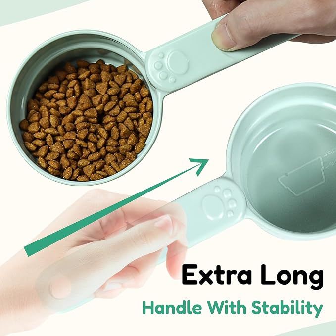 1 Cup Dog Food Scoop, Extra Long Handle Sturdy Melamine Pet Food Measuring Scoop with Clear Marking Lines, BPA-Free, Shatterproof, Dishwasher Safe (Green, 1 Cup)