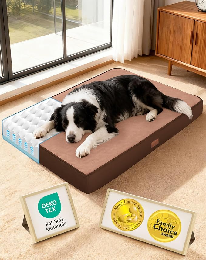 OhGeni Orthopedic Waterproof Dog Bed for Medium Large Dogs, Machine-Washable Removable Cover in Easy-Clean Fabric, Reversible Memory Foam & Easy-Carry Handle, Wider and Larger, 36 inch (Brown)