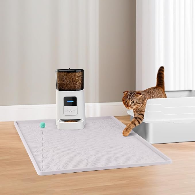 Silicone Cat Litter Box Mat 34'' x 22'' Cat Mat with Toy, White | Extra Large Litter Mat with lip, Non-Slip Waterproof Cat Litter Mat Litter Trapping Mat for Floor, Easy to Clean