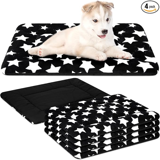 4 Pcs Dog Crate Pads Soft Warm,18 x 24 x 1.6 Inch,Star,Black | Ultra Soft Warm Washable Anti-slip Kennel Bed Mat for Pets,Reversible Replaceable,for Small Medium Large Dogs and Cats
