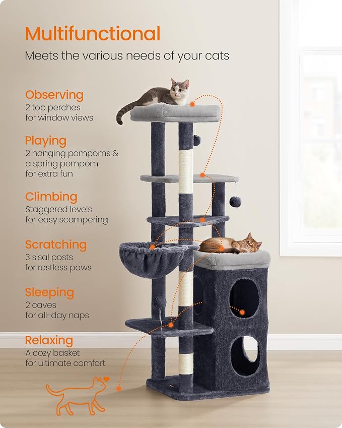 Feandrea Cat Tree Indoor, 60" Multiple-Level Plush Cat Tower, Dark Gray | 2 Caves, 3 Steps, 3 Scratching Posts, 3 Ball Toys, Cat Condo House for Large Adult Cats, UPCT007G02