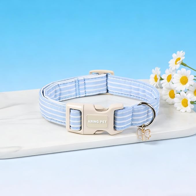 ARING PET Stripe Dog Collar, Cute Spring Summer Blue Stripe Pet Collars with Bow Charm for Puppy Small Medium Large Boy Girl Dogs-M, for Daily Outdoor Walking Training