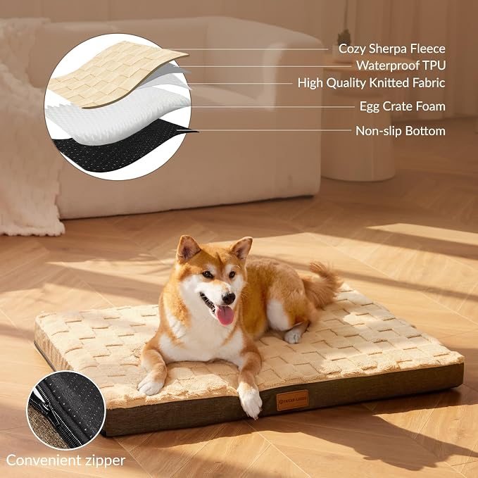 Patas Lague Orthopedic Large Dog Bed Washable Pet Crate Mat 36''X24'' Camel | Egg-Crate Foam Dog Couch For Large Sized Dogs, Waterproof Removable Cover, Soft Pet Bed With Nonskid Bottom