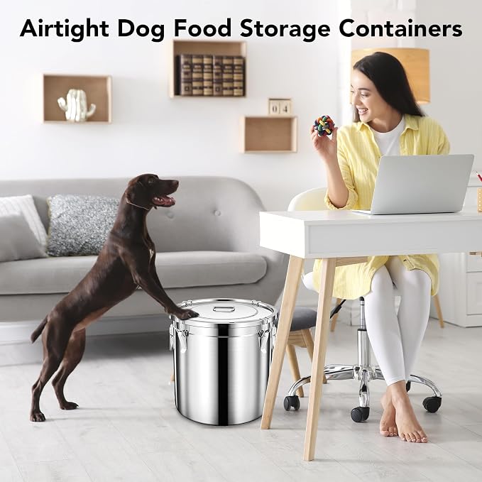 Newget 38lb Airtight Stainless Steel Dog Food Storage Container with Scoop | Large Metal Pet Food Containers Set with Sealed Lid, Metal Lock for Easy Open and Close, Keeps Fresh for Cat / Dog Food