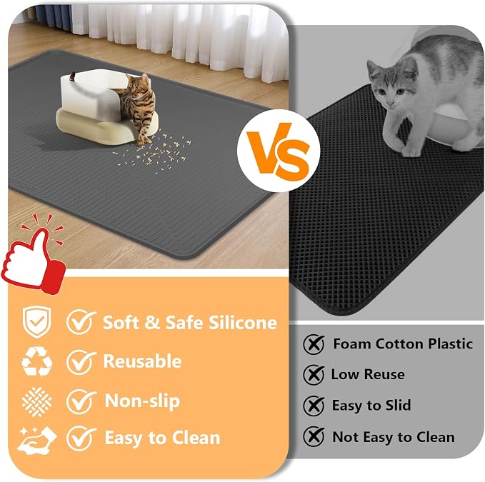 Silicone Cat Litter Mat 45" x 30" Cat Mat for Litter Box, Dark Grey | Extra Large Cat Litter Trapping Mat for Floor, Waterproof, Non-Slip Kitty Litter Box Mat with Raised Edge, Easy to Clean