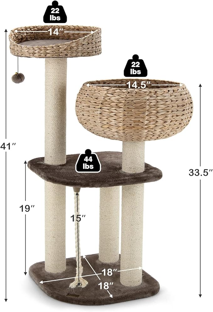 41 Inch Modern Cat Tree for Indoor Cats, Multi-Level Cat Tower with Scratching Posts, Hand-Made Wicker Cat Condo & Top Perch, Dangling Ball, Sisal Rope, Cute Cat Tree for Indoor Cats