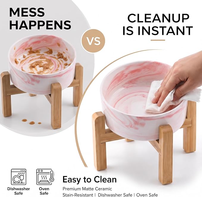 hjn Elevated Ceramic Dog Bowl 15°Slanted Raised Dog Bowl with Bamboo Stand for Small Medium Dogs and Cats, Pet Feeder -3.6-Cup (850ml)-Marble Pink