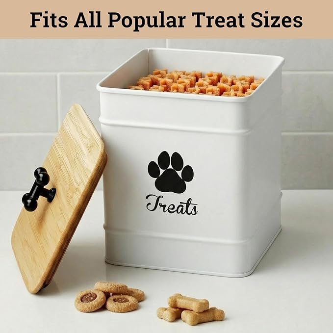 Dog Treat Container Airtight - 6 Inch Wide x 8 Inch Tall Iron Dog Treat Jar for Kitchen Counter with Airtight Bamboo Lid - 12 Cup Capacity Pet Treat Container - Doggie Cookie Jar - Big Treats Canister