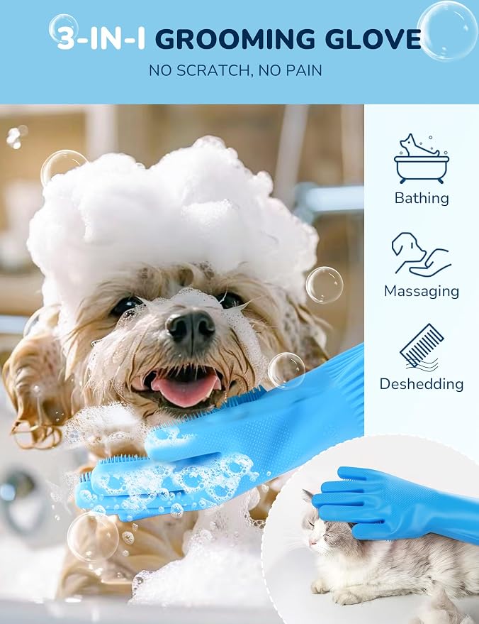 Pecute Silicone Pet Grooming Gloves for Washing Cats Dogs Bath Brush | Extended cuff, 3,000 soft bristles, Gentle massage & deshedding, Dishwasher safe, For large/thick coats, Home/car cleaning