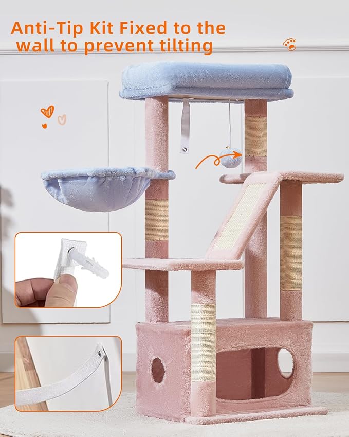 Taoqimiao Cat Tree, 38.5In Cat Tower for Indoor Cats, Suitable for Kittens | Thick Padded Top Perch, Luxurious Cat Condo, Adjustable Basket, 1-Piece Ramp Scratcher, 3 Sisal Posts, Pink&Blue, MS029SPB