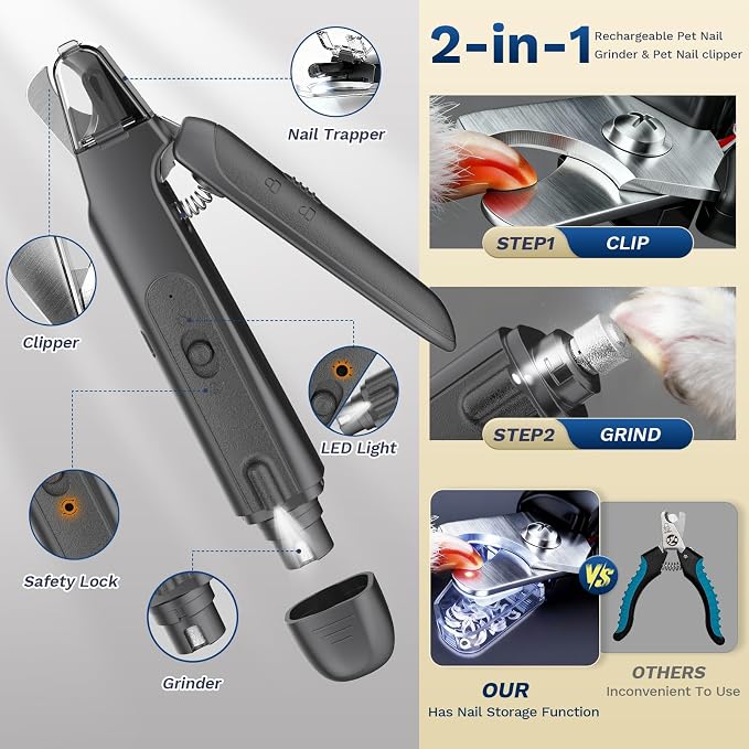 Pet Nail Clipper with Light, Type-c Dog Claw Trimmer & Grinder | Rechargeable Cordless Dog&Cat Cutter, Safety Lock & Catcher, Stainless Blades Grooming for Small Medium Large Pets, Black