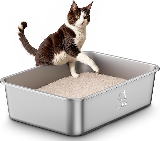 Qiuma Stainless Steel Litter Box, Large Cat Litter Box with High Sides, Odor-Free, Non-Stick, Easy to Clean, 19.5"×13.6"×5.9", Ideal for Medium to Large Cats, Litter Tray
