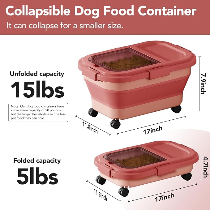 Summark 15 Lbs Dog/Cat Food Storage Container,Collapsible Food Storage Containers with Rolling Wheel Airtight Locking Lid,Pet Food Storage Container with Cup and Scoop,Pink