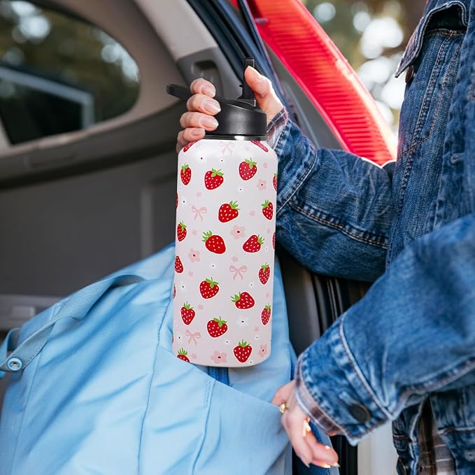 32oz Strawberry Stainless Insulated Aater Water Bottle with Straw,Strawberry Floral Gym Hiking Sports Coffee Mug Cup Water Bottles,Strawberry Themed Gifts for Women,Strawberry Decor Stuff Accessories