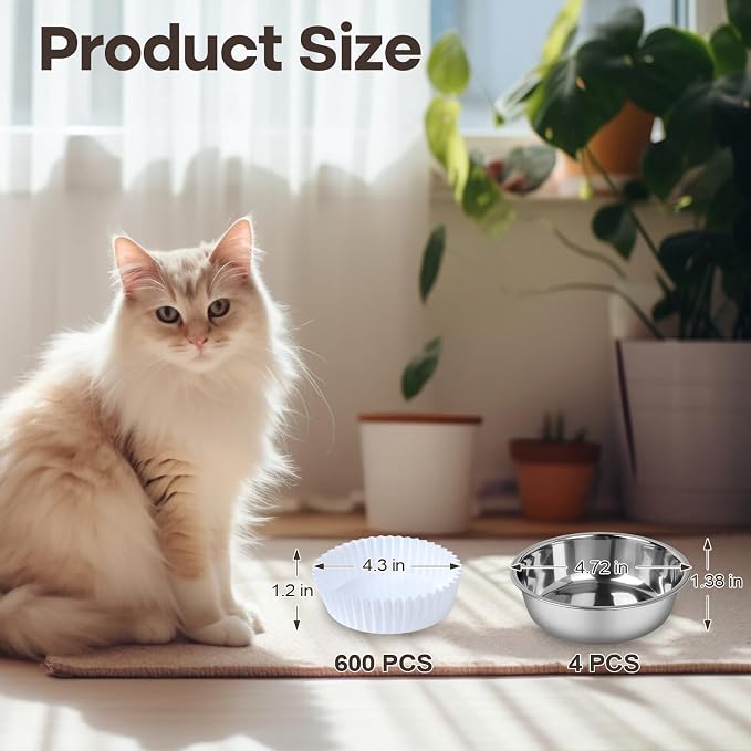 Bulk Disposable Cat Bowls Set (600 Pcs Cat Food Bowl Liners + 4 Pcs Stainless Steel Pet Bowls) Small Paper Bowls for Puppies, Kittens, Small Dogs and Cats, Ideal for Dry and Wet Food (White, Classic)