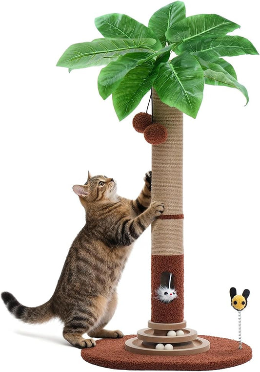 Made4Pets 35" Tall Cat Scratching Post with Sisal Rope, Interactive Hanging Balls, Toy Mouse and Two-Layer Ball Track Cat Toys, Palm Tree Cat Scratcher Tower for Indoor Cats and Kittens