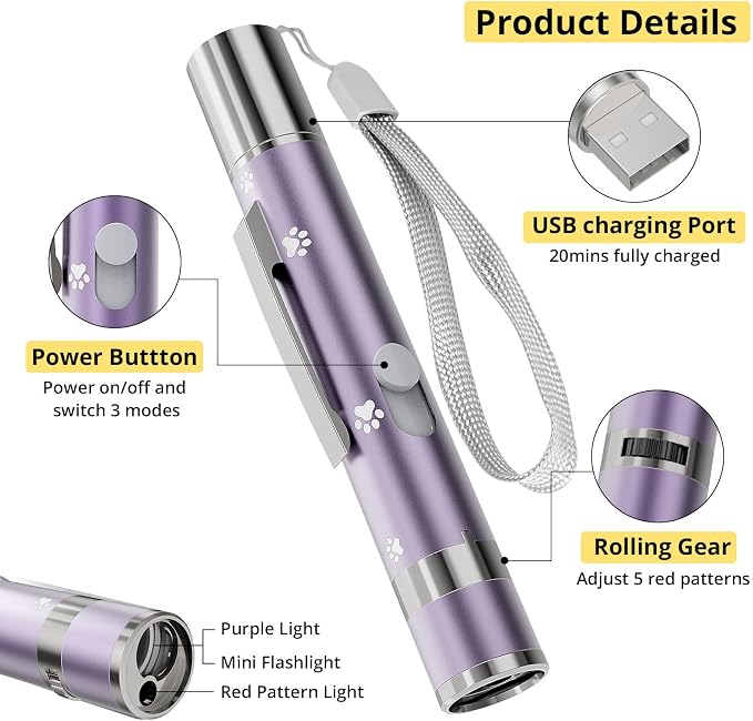 Cat Toy, 2 Pieces, Distinctive Purple Painted Metal Casing with Paw Print Design, Rechargeable, 3 Light Modes & 5 Adjustable Patterns, Interactive Chase Toy for Indoor Cats Training & Exercise
