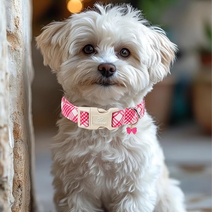 Girl Dog Collar, Bright Pink Glen Check Dog Collars for Large Dogs - Cute Spring Summer Plaid Pup Collar, Soft Adjustable Female Dog Collars with Quick Release Buckle L