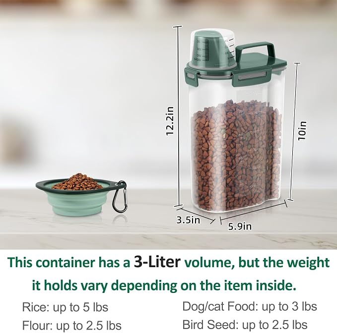 3 Lbs Pet Dog Food Storage Container for Bird Seed Rice Flour - Pine Green | Cat Food Containers with Collapsible Bowl for Travel Airtight 5 Lbs Rice Cereal Oatmeal Holder with Pour Spout Measuring Cup