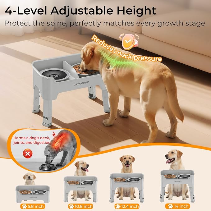 URPOWER Mess Proof Elevated Dog Bowls 4 Height Adjustable Raised Stand with No Spill Water Bowl and Slow Feeder Dog Bowls Non-Slip Food and Water Bowl Set for Small, Medium & Large Dogs